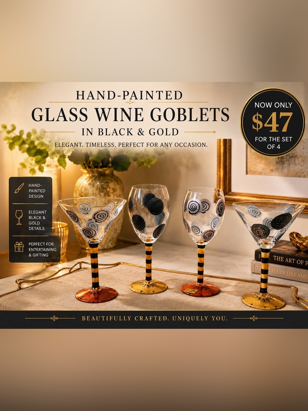 Hand-Painted Glass Wine Goblet in Black and Gold by (unbranded)